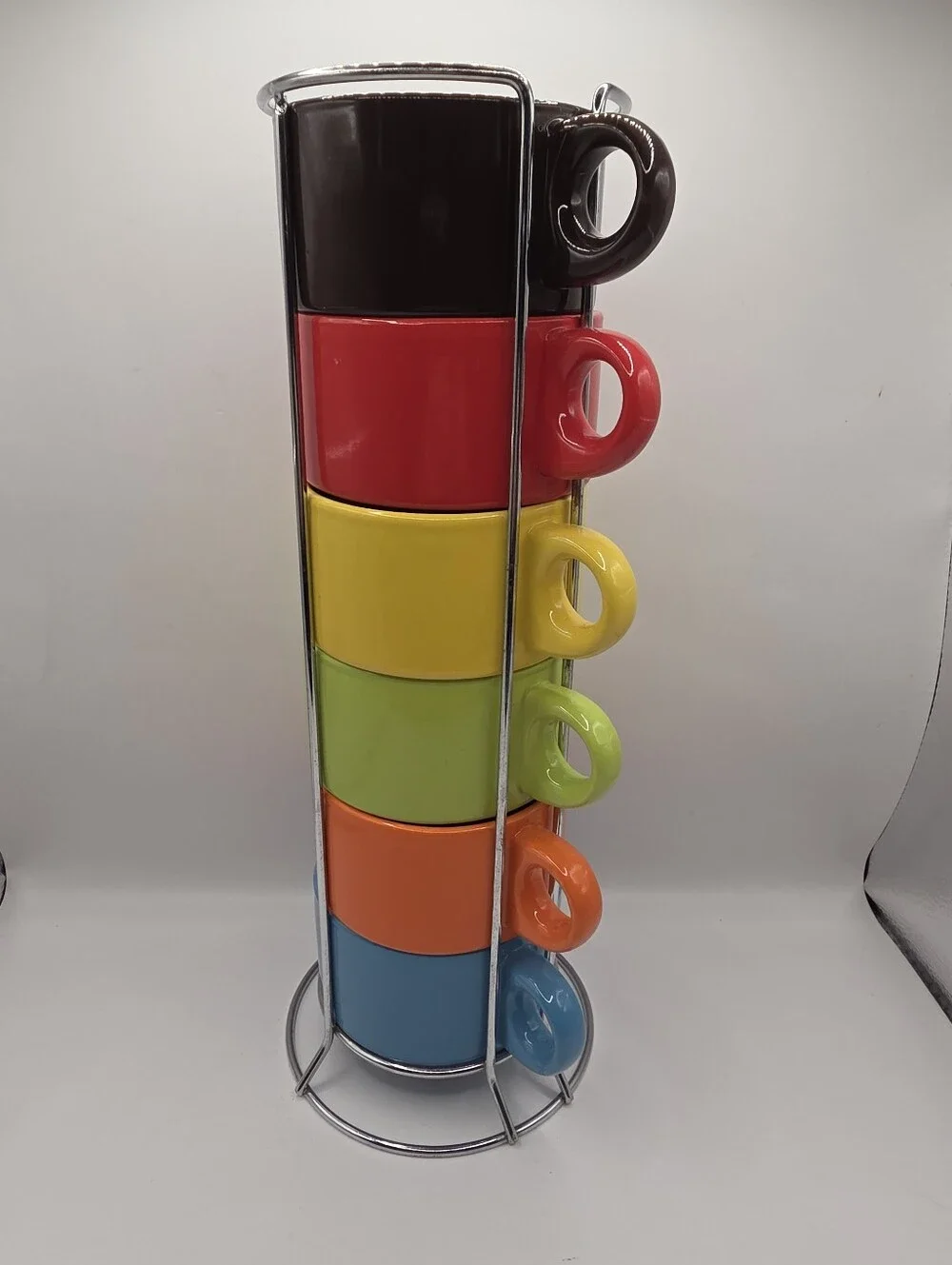 Pier 1 Imports Stacking Coffee Mugs Stoneware 6 Cups Set w Holder Rainbow